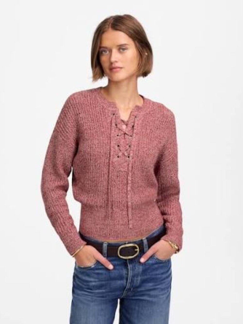 Madewell Marled Ribbed Lace-Up Spring 2025 100% Cotton Sweater in Red Size XL